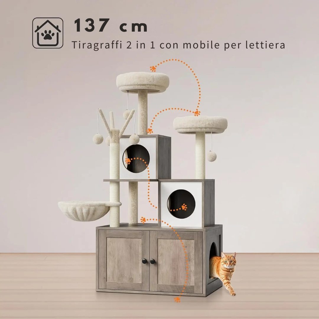 Arredo di Lusso 3-in-1 per Gatti: Tiragraffi, Toilette e Cuccia in un Unico Design Elegante