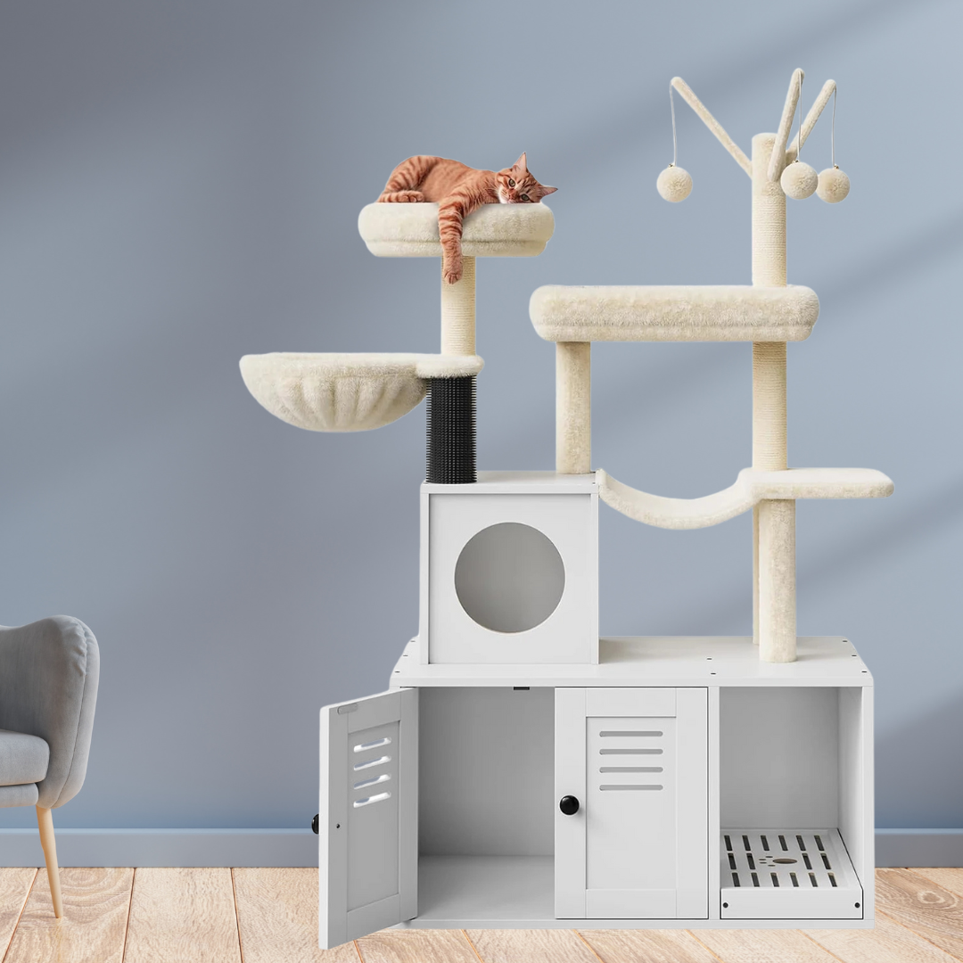 Arredo di Lusso 3-in-1 per Gatti: Tiragraffi, Toilette e Cuccia in un Unico Design Elegante