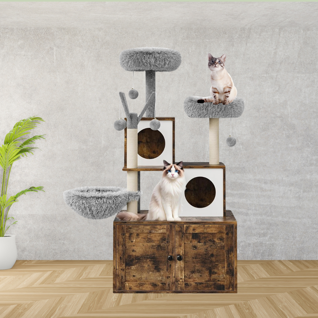 Arredo di Lusso 3-in-1 per Gatti: Tiragraffi, Toilette e Cuccia in un Unico Design Elegante