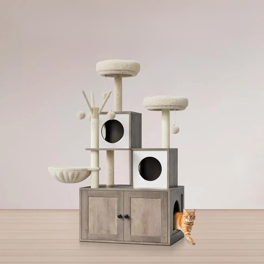 Arredo di Lusso 3-in-1 per Gatti: Tiragraffi, Toilette e Cuccia in un Unico Design Elegante
