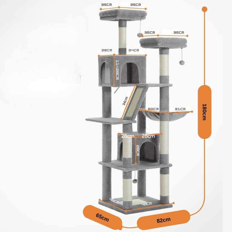 TIRAGRAFFI BIG: IL PARADISO DEI GATTI IN CASA ALTO E DIVERTENTE L'albero per gatti alto 203 cm è perfetto per i gatti che amano arrampicarsi e stare in alto. Con 5 livelli e una distanza tra i livelli di 30-40 cm, i tuoi gatti avranno tutto lo spazio di cui hanno bisogno per giocare e rilassarsi. UN PARCO GIOCHI COMPLETO Con 2 posatoi imbottiti, 2 accoglienti grotte, 1 soffice cesto, 2 pompon e 1 amaca, i tuoi gatti di diverso carattere troveranno il loro posto preferito in questo albero per gatti. 