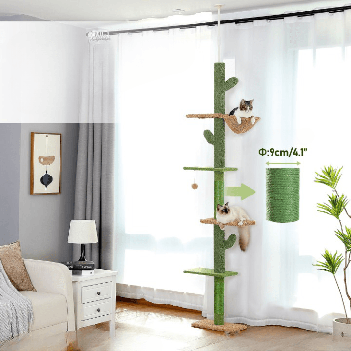 Il Tiragraffi Cactus regolabile di Miao Cat Store ha un'altezza che varia da 239cm a 275cm  permettendo quindi di adattarlo all'altezza della stanza. Può essere posizionato ovunque ed è facile da spostare. Il Tiragraffi Cactus di Miao Cat Store ha cinque livelli, cinque piattaforme di salto, un'amaca capiente, due tiragraffi in corda ricoperti di sisal, una palla penzolante. 