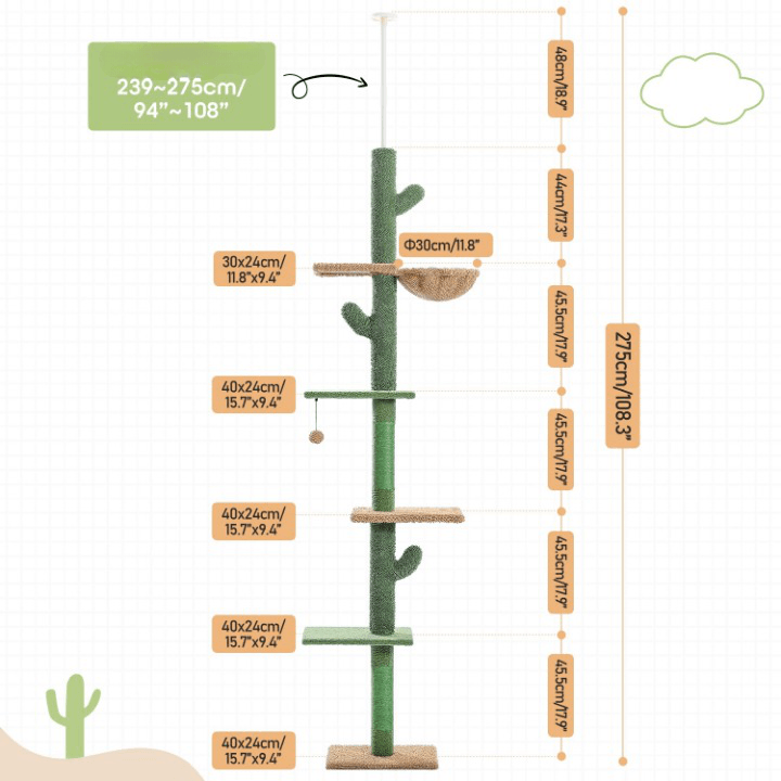 Il Tiragraffi Cactus regolabile di Miao Cat Store ha un'altezza che varia da 239cm a 275cm  permettendo quindi di adattarlo all'altezza della stanza. Può essere posizionato ovunque ed è facile da spostare. Il Tiragraffi Cactus di Miao Cat Store ha cinque livelli, cinque piattaforme di salto, un'amaca capiente, due tiragraffi in corda ricoperti di sisal, una palla penzolante. 